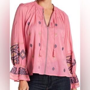 Lucky Brand Women Pink Geo Embroidered Long Sleeve Sheer Blouse SZ Medium Boho